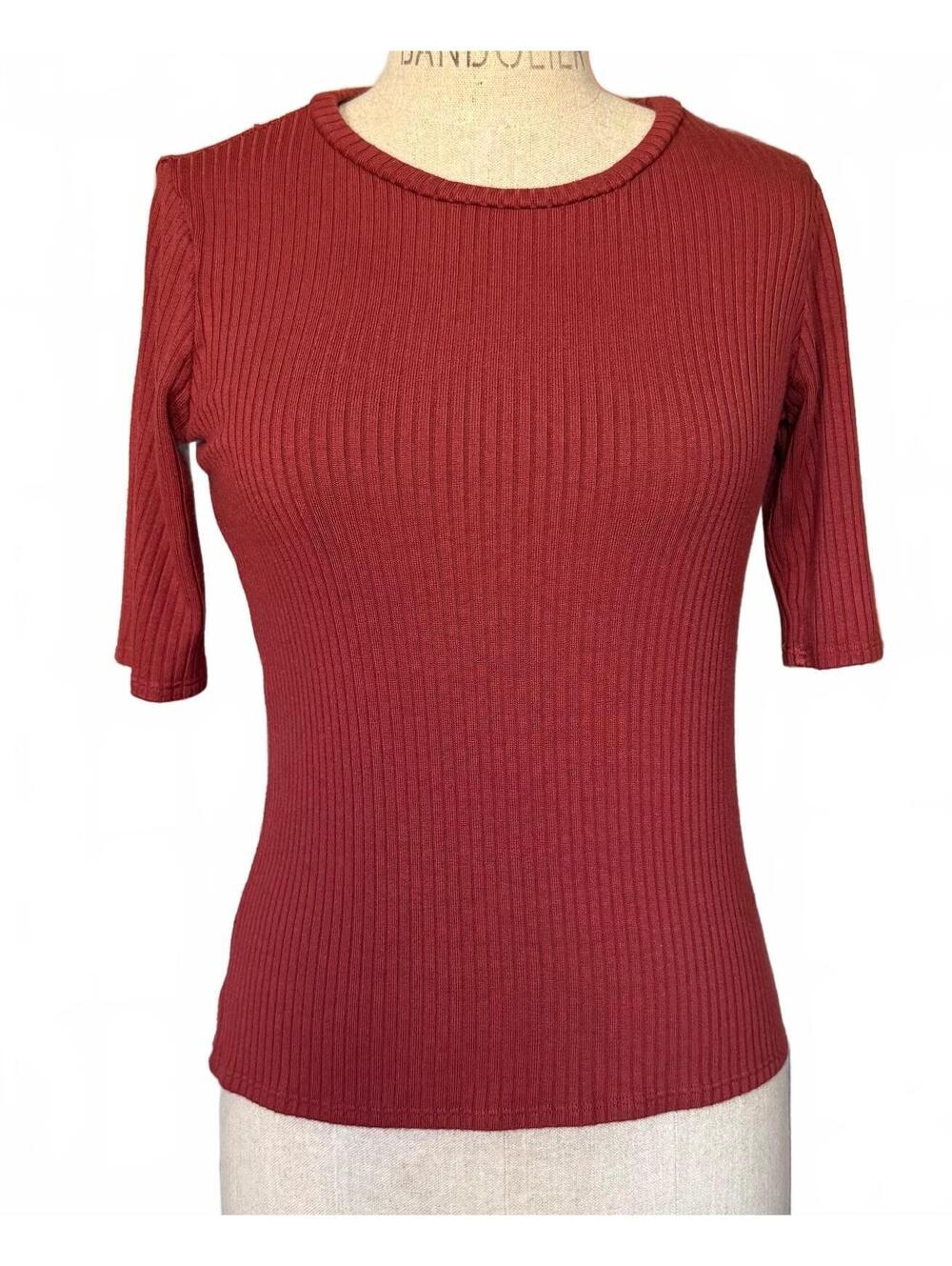Reformation Jeans XL Rust Ribbed Tencel Fitted Half Sleeve Top